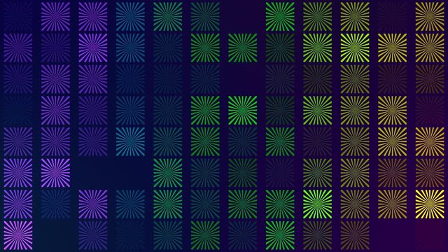 The geometric pattern of radial lines in colorful squares.