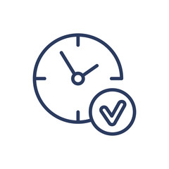 Clock with checkmark thin line icon. On time, checklist, hour isolated outline sign. Best time management and measurement concept. Vector illustration symbol element for web design and apps