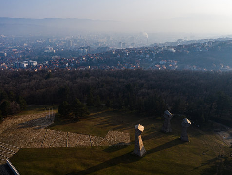 Aerial view of Bubanj Memorial Park in Nis. It is a monument and historic landmark for Serbian Vistims of WWII.