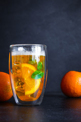  orange lemonade citrus, ice drink beverage soda Menu concept. food background. top view copy space for text