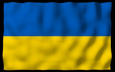 The flag of Ukraine on a dark background. National flag and state ensign. Blue and yellow bicolour. 3D illustration waving flag