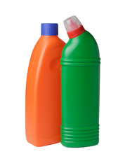 two multi-colored bottles with antibacterial cleaning agent, orange and green bottle with floor or surface cleaning agent, isolate on white background