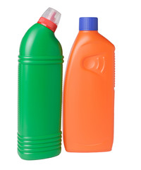 two multi-colored bottles with antibacterial cleaning agent, orange and green bottle with floor or surface cleaning agent, isolate on white background