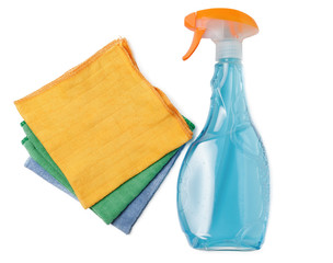 spray or window cleaner and three colored rags, isolate on white background