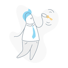 Cute cartoon man with a key in his hand. Opportunity, registration, solution, key decision, challenge or finding an answer metaphor. Flat thin line vector illustration on white.