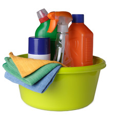 home cleaning kit. Cleaning supplies in basket and wipes for cleaning isolate on white background