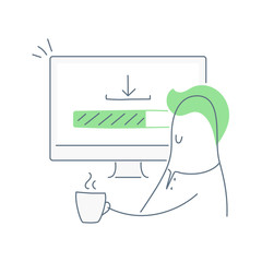 Loading process, downloading bar. Cute cartoon man is sitting near his computer, drinking the coffee and waiting for a file, app, software or data package. Flat thin line vector on white background.