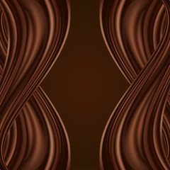 Chcocolate background with swirl waves, dark brown color flow, wavy twist satin or silk curtain. Vector illustration, abstract design.