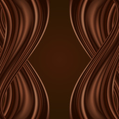 Chcocolate background with swirl waves, dark brown color flow, wavy twist satin or silk curtain. Vector illustration, abstract design.