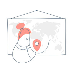 The woman standing near the map and pinning the point. Geography training, a compilation of logistics routes, travel destinations. Flat line vector illustration on white background. 