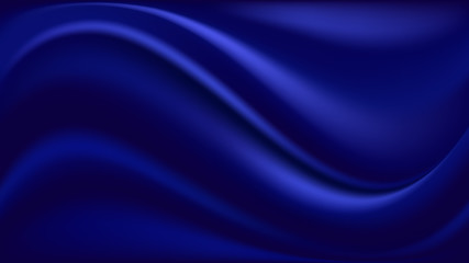 Blue silk background. Wavy satin fabric texture, deep blue color flow waves. Abstract pattern. Vector illustration