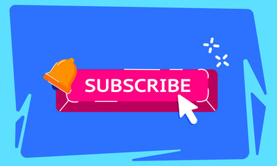Subscribe button with arrow cursor and bell icon. Red button to subscribe to a channel, blog. Social media background.