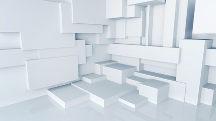 Abstract architectural background, cubes against a white wall, 3D render
