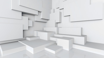 Abstract architectural background, cubes against a white wall, 3D render