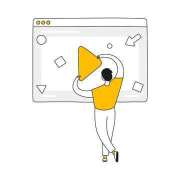 Video content creation, computer animation designer at work. Multimedia production, motion graphic design, visual effects. Flat outline vector icon illustration on white.