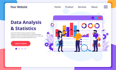 Data Analysis concept, People work in front of a big screen. Auditing, Financial consulting. Modern flat web page design for website and mobile development. Vector illustration