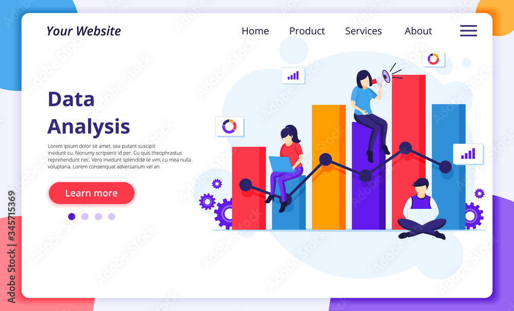 Wall mural data analysis concept, people work near a big graph chart. modern flat web page design for website a