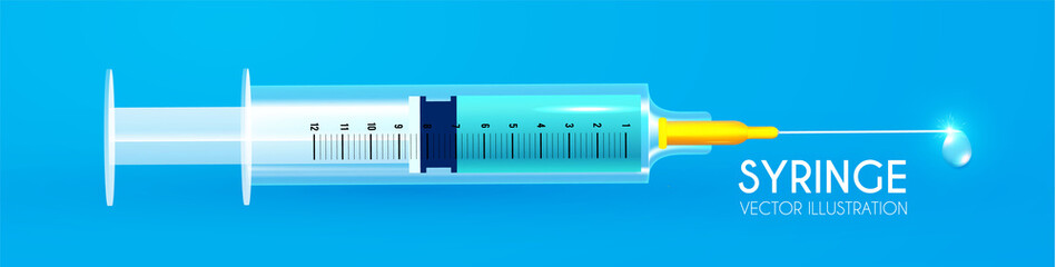 Realistic glossy medical syringe with needle and drop.