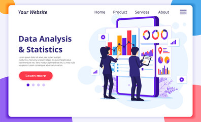 Data Analysis concept, People work in front of a big mobile phone. Auditing, Financial consulting. Modern flat web page design for website and mobile development. Vector illustration