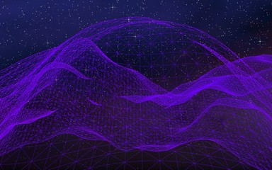 Abstract ultraviolet landscape on a dark background. Purple cyberspace grid. hi tech network. Outer space. Violet starry outer space texture. 3D illustration