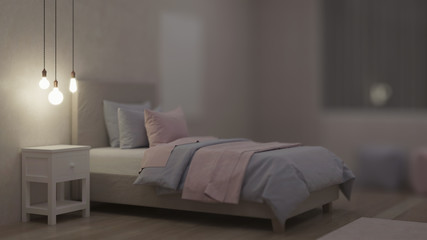 Fototapeta na wymiar Bedroom designed for girls. Kids room design. Night. Evening lighting. 3D rendering.