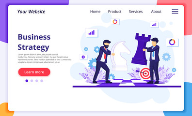 Business strategy concept with businessmen moving chess pieces on chess board. Strategic and tactics in business. Modern flat web page design for website and mobile development. Vector illustration