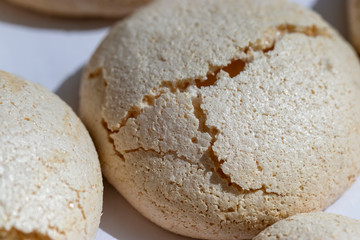 Airy sweet whipped protein meringues with sugar. Delicious dessert at home.