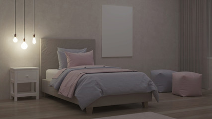 Fototapeta na wymiar Bedroom designed for girls. Kids room design. Night. Evening lighting. 3D rendering.