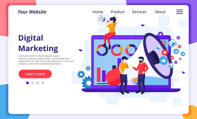 Digital Marketing concept, people work in front of a big screen. Modern flat web page design for website and mobile development. Vector illustration