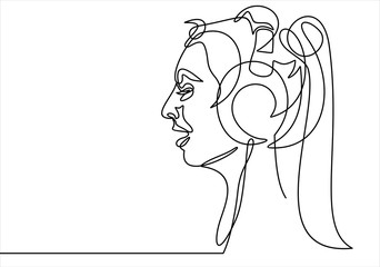 continuous single drawn one line. girl woman listens to music with headphones hand-drawn picture silhouette.