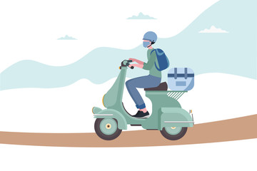 Courier for the delivery of goods on a motorcycle. Online service with delivery.