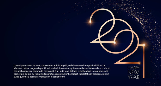 Happy new 2021 year Elegant gold text with light. Minimalistic text template.
