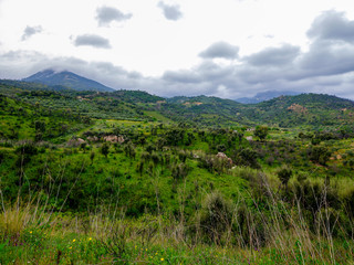 Obraz premium Mountain landscape and vegetation along Road SP27 in Ogliastra, Sardinia, Italy