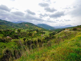 Fototapeta na wymiar Mountain landscape and vegetation along Road SP27 in Ogliastra, Sardinia, Italy