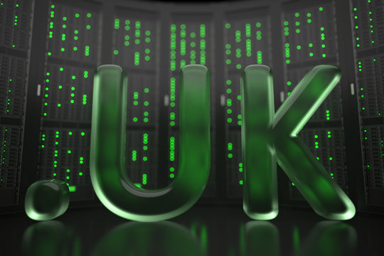 British domain .uk on server room background. Internet in the UK related conceptual 3D rendering