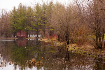 Obraz premium Pretty white pedestrian bridge seen among spring foliage reflected in a pond in a public park, Quebec City, Quebec, Canada