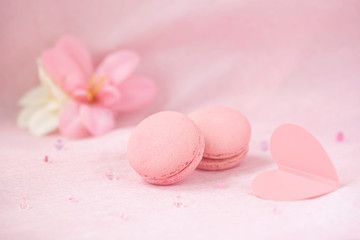 Pair of pink macaroons closeup, heart and flowers, romantic delicate pastel background. Concept of love, greetings. Selective focus