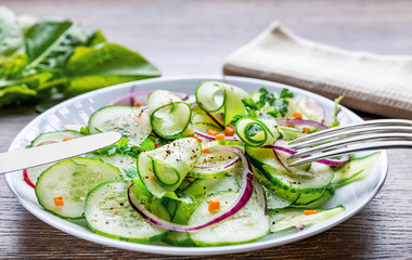 Healthy diet green salad with cucumbers in a white plate, a fork lies on a dish, shallow depth of field, selective focus. Organic food concept.