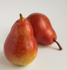 two pear fruits isolated on a white background, one standing, the other lying behind