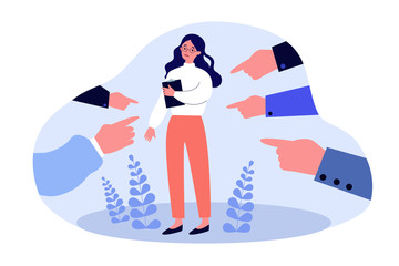 Victim of social bullying. Index fingers pointing at sad depressed woman feeling shame, guilty. Vector illustration for society conviction, denunciation, blame, accusing concept
