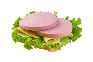 Sandwich with salad, tomato and sausage isolated on white