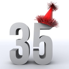 3D illustration of number 35 wearing a party hat