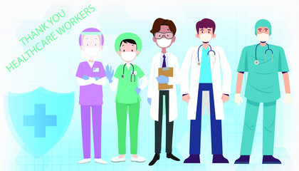 The doctor is a hero. Thank you, doctors, nurses, and all healthcare workers for working in the hospitals and fighting the coronavirus. vector illustration
