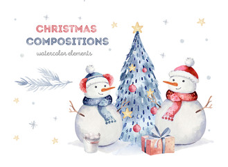 Christmas watercolor set of elements. Winter isolated illustration. Holiday design with snowman.New year greeting card