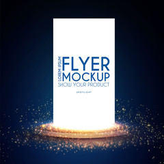 Realistic flying business card, poster and flyer mockup with 3D empty scene. Paper blank and gold light effect.