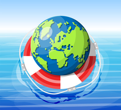 Planet earth getting lifebuoy ring. Save the world concept. Respect for nature and environment. Protecting globe. Cartography and geography, globe. Flat vector illustration