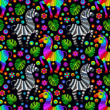 Seamless pattern with zebras, bright rainbow animals, flowers and leaves on a dark background