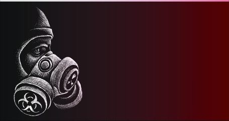 The Vector la person in a respirator with a pelvic mask during a bacteriological or chemical threat for tattoo or T-shirt design or outwear. 