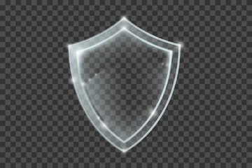 Transparent glass shield. Realistic protection sign. White security plate with reflections and light sparkles. Vector illustration isolated on transparent background.