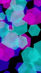 Multicolored translucent hexagons on dark background. Vertical image orientation. 3D illustration